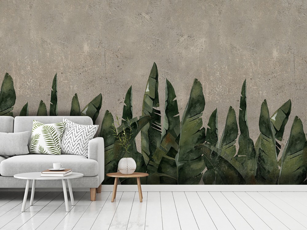 Modern Beton Zemin Üzeri Tropikal Yaprak Desenli Yatak Odası Duvar Kağıdı