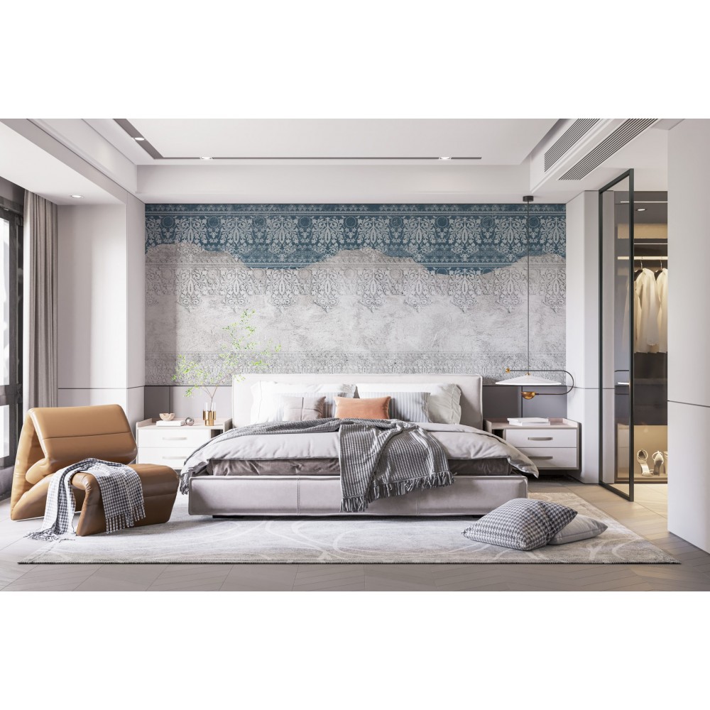 İndigo Mavi ve Beyaz Eskitme Damask Desenli Beton Dokulu Duvar Kağıdı