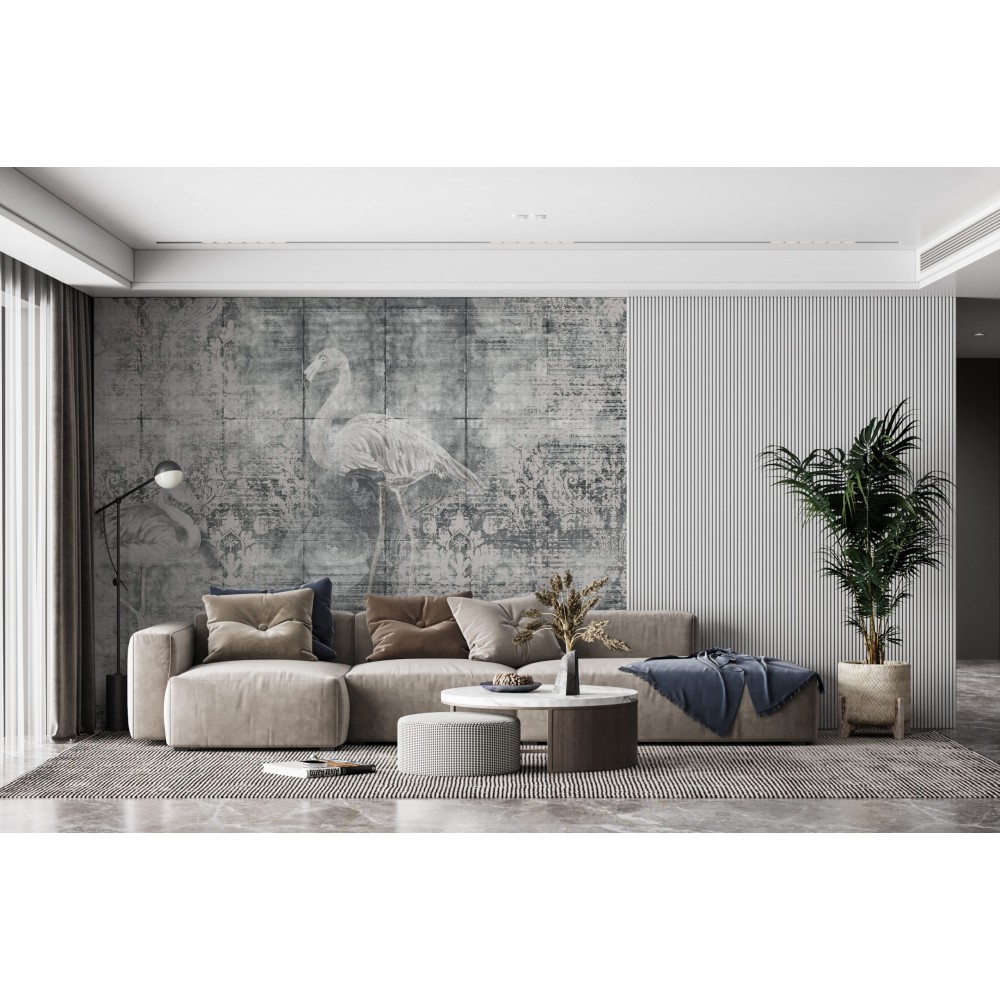 Modern Vintage Eskitme Dokulu Flamingo ve Klasik Desenli Duvar Kağıdı