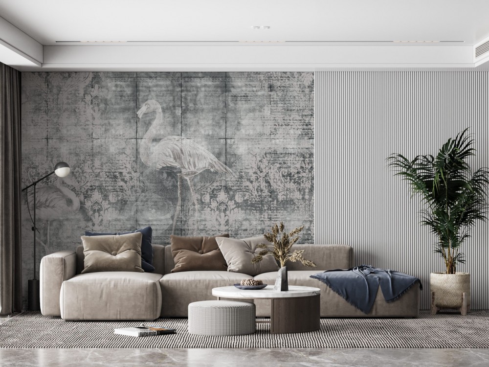 Modern Vintage Eskitme Dokulu Flamingo ve Klasik Desenli Duvar Kağıdı