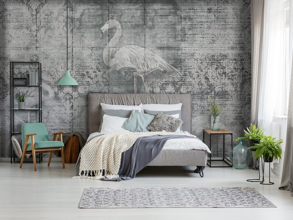 Modern Vintage Eskitme Dokulu Flamingo ve Klasik Desenli Duvar Kağıdı