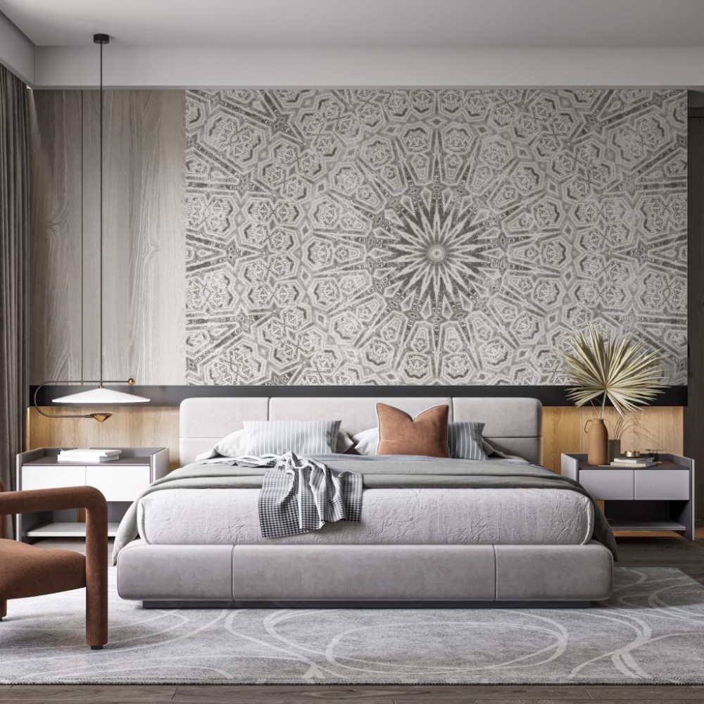 Zen Stil Mistika Mandala ve İskandinav Desenli Antrasit Duvar Kağıdı