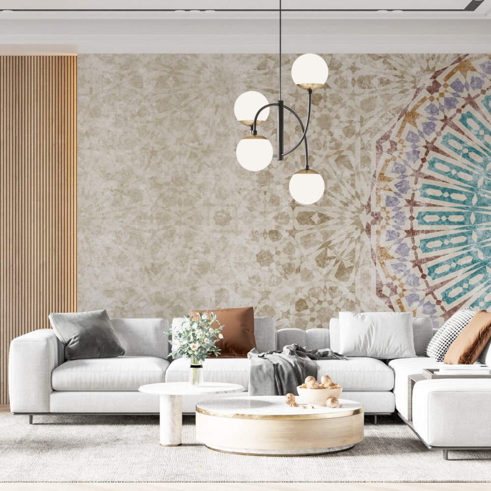 Boho-Lüks Stilinde Büyük Ölçekli Yıldız Formlu ve Antik Bej Duvar Kağıdı