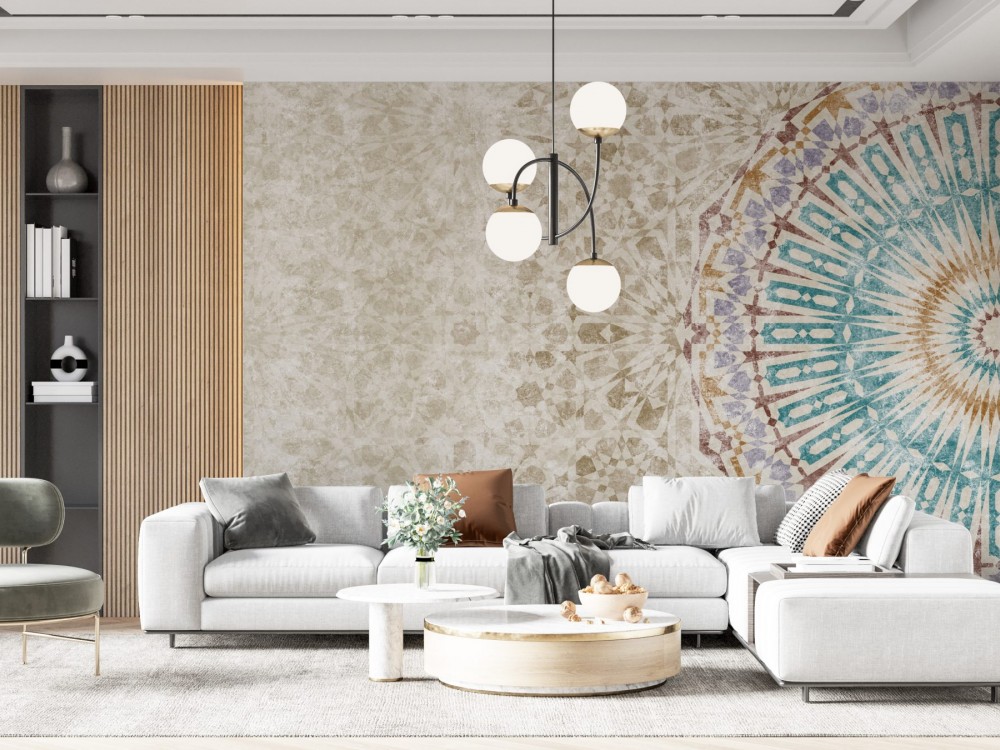Boho-Lüks Stilinde Büyük Ölçekli Yıldız Formlu ve Antik Bej Duvar Kağıdı