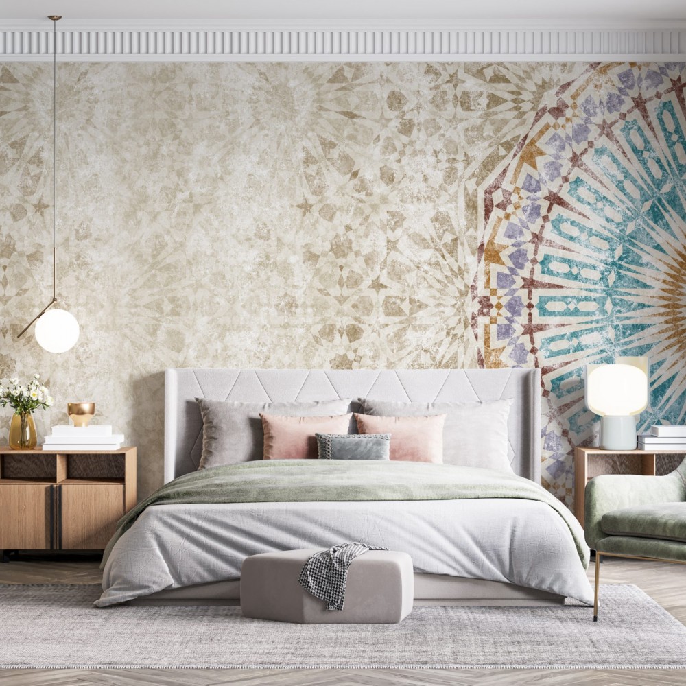 Boho-Lüks Stilinde Büyük Ölçekli Yıldız Formlu ve Antik Bej Duvar Kağıdı