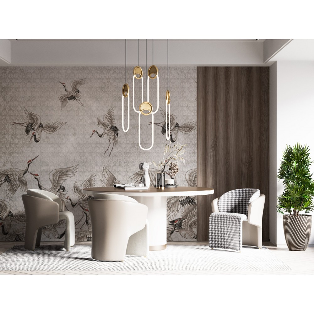 Uçan Japon Turna Kuşları ve Vintage Damask Dokulu Vizon Duvar Kağıdı