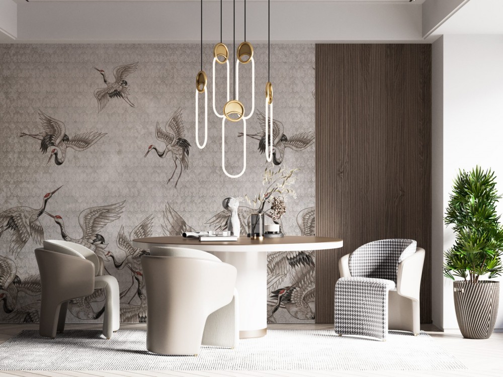 Uçan Japon Turna Kuşları ve Vintage Damask Dokulu Vizon Duvar Kağıdı