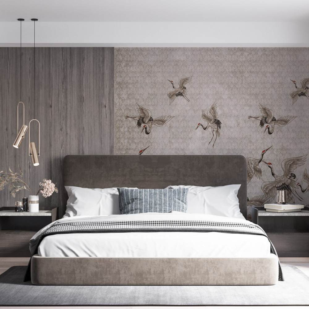 Uçan Japon Turna Kuşları ve Vintage Damask Dokulu Vizon Duvar Kağıdı