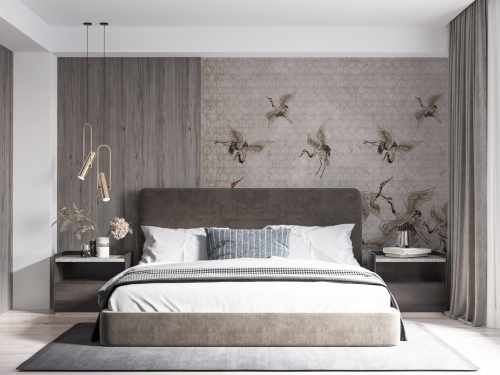 Uçan Japon Turna Kuşları ve Vintage Damask Dokulu Vizon Duvar Kağıdı