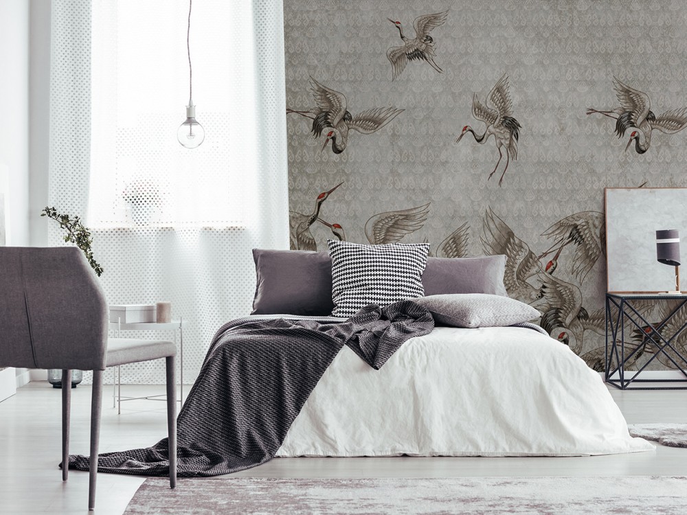 Uçan Japon Turna Kuşları ve Vintage Damask Dokulu Vizon Duvar Kağıdı