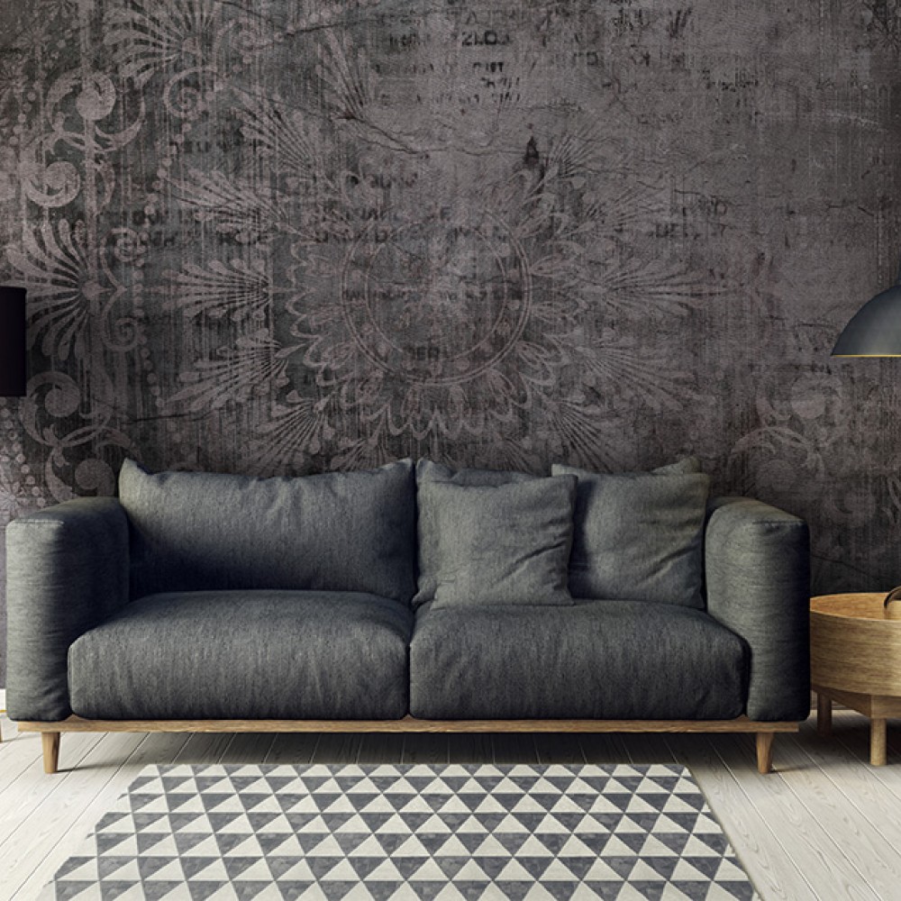 Endüstriyel Beton Zemin Üzeri Eskitme Damask Desenli Duvar Kağıdı