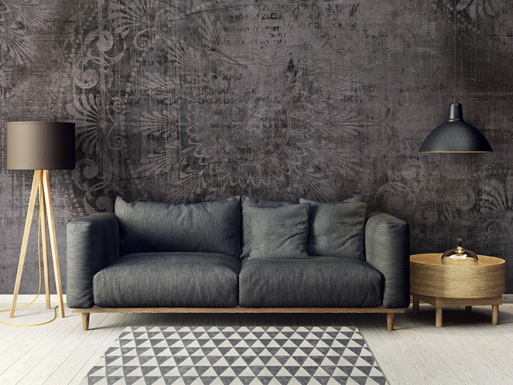 Endüstriyel Beton Zemin Üzeri Eskitme Damask Desenli Duvar Kağıdı