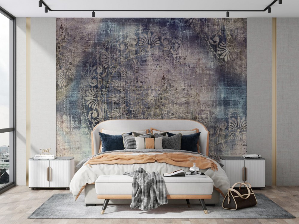 Vintage Eskitme Dokulu Antrasit ve Mor Tonlarında Damask Desenli Duvar Kağıdı