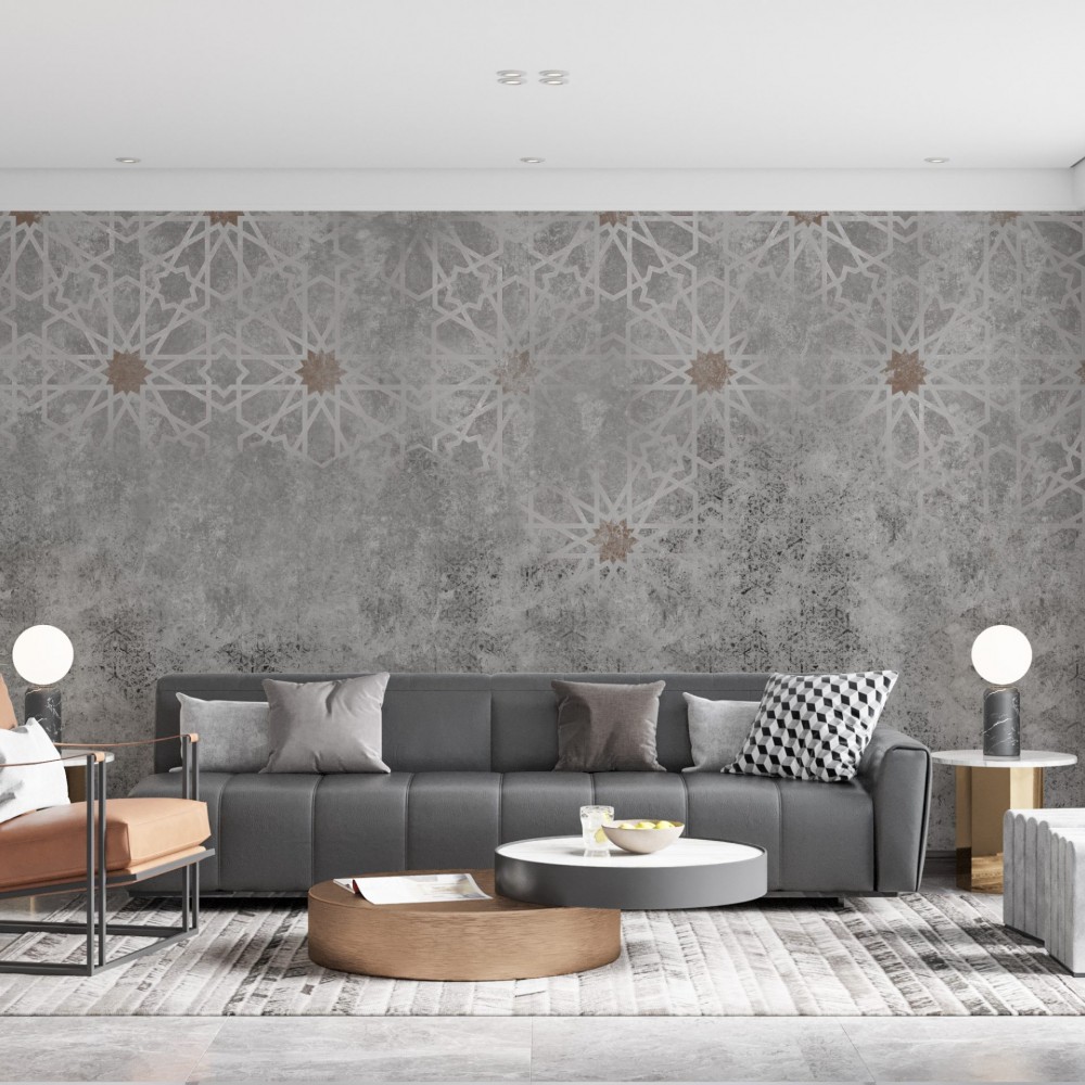Loft Stil Brüt Beton Dokulu ve Gümüş Geometrik Yıldız Desenli Duvar Kağıdı