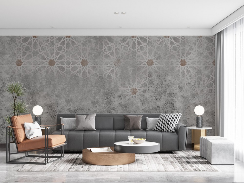Loft Stil Brüt Beton Dokulu ve Gümüş Geometrik Yıldız Desenli Duvar Kağıdı