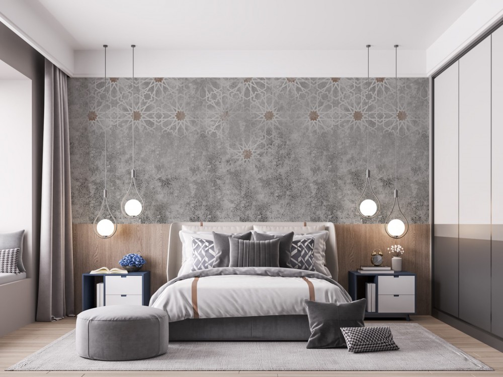 Loft Stil Brüt Beton Dokulu ve Gümüş Geometrik Yıldız Desenli Duvar Kağıdı