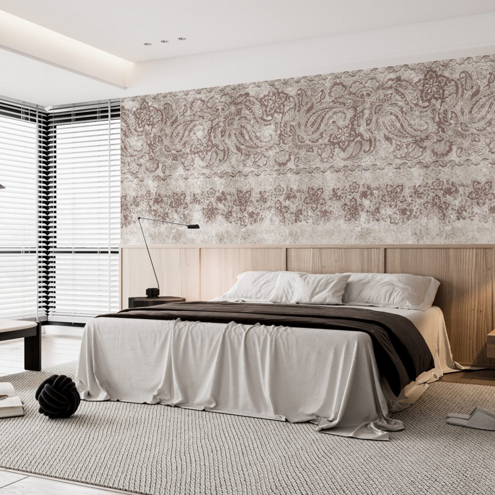 Eskitme Dokulu ve Kiremit-Vizon Tonlu Paisley Duvar Kağıdı