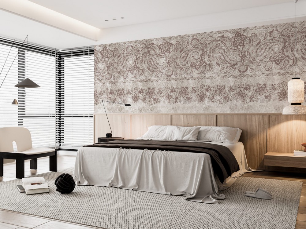 Eskitme Dokulu ve Kiremit-Vizon Tonlu Paisley Duvar Kağıdı