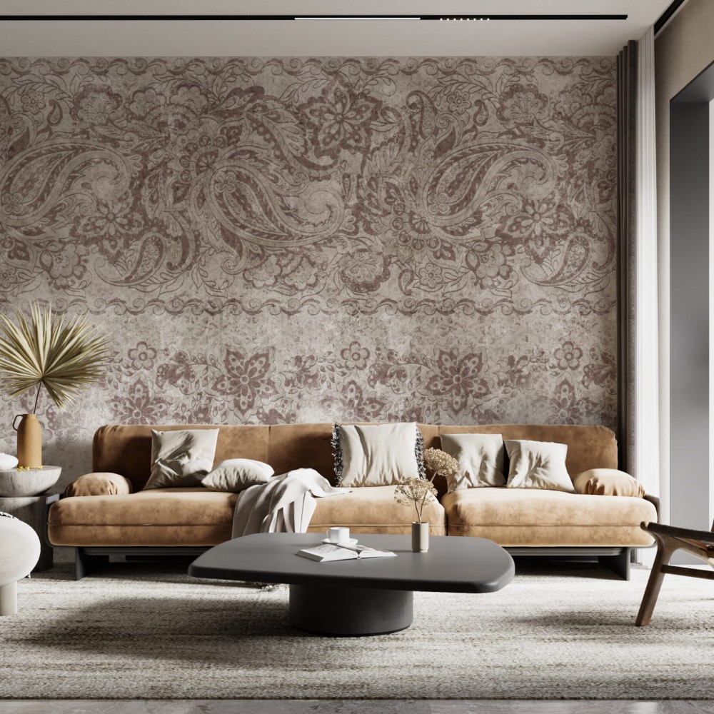Eskitme Dokulu ve Kiremit-Vizon Tonlu Paisley Duvar Kağıdı