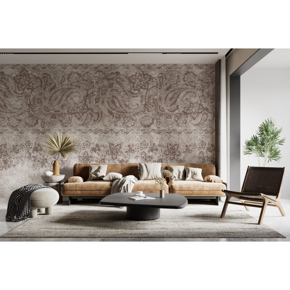 Eskitme Dokulu ve Kiremit-Vizon Tonlu Paisley Duvar Kağıdı