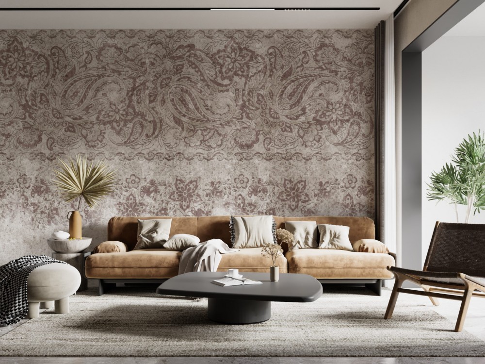 Eskitme Dokulu ve Kiremit-Vizon Tonlu Paisley Duvar Kağıdı