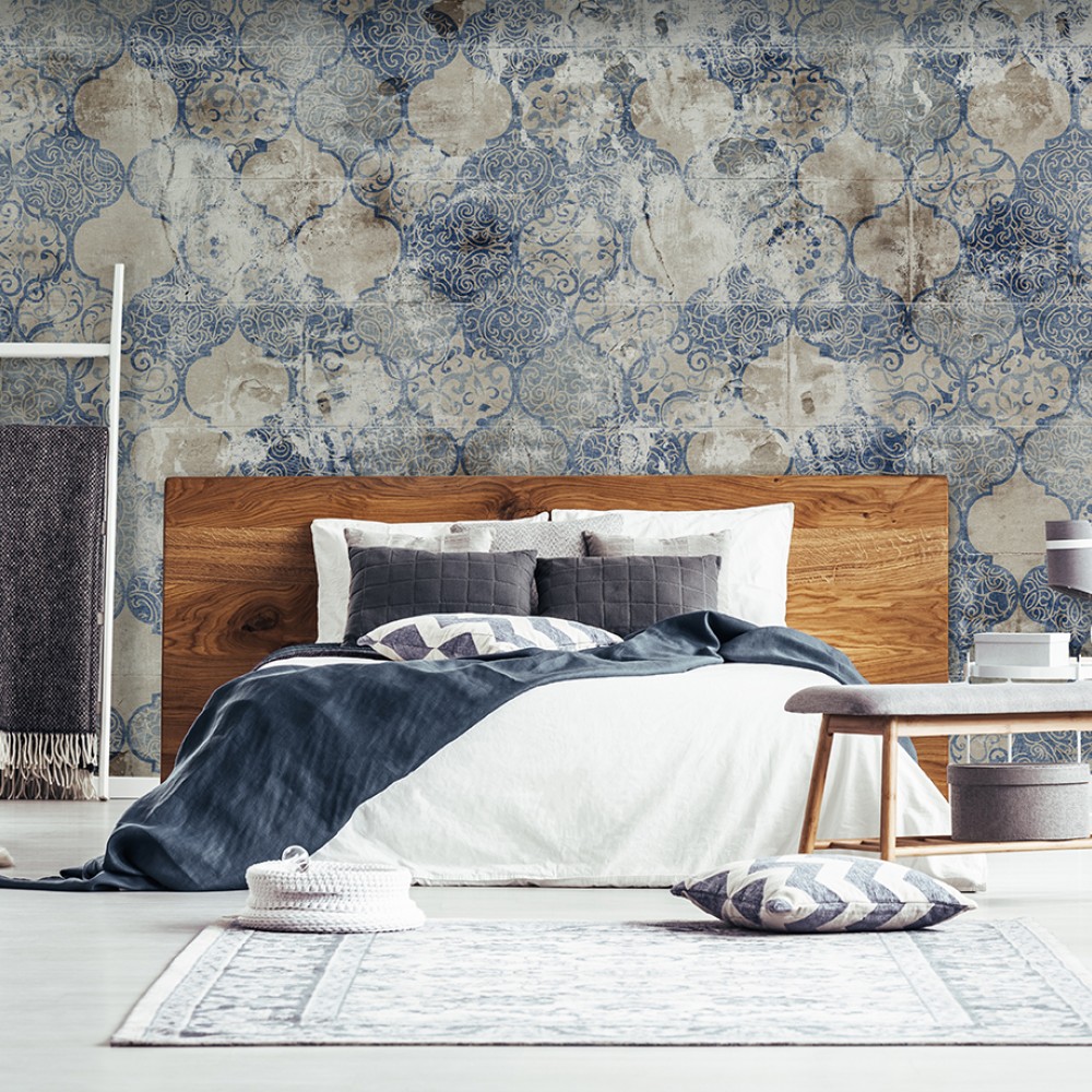 Vintage Eskitme Mavi Çini ve Seramik Desenli Duvar Kağıdı