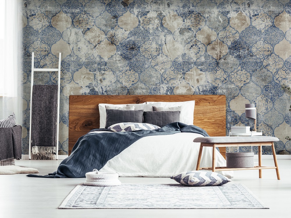 Vintage Eskitme Mavi Çini ve Seramik Desenli Duvar Kağıdı