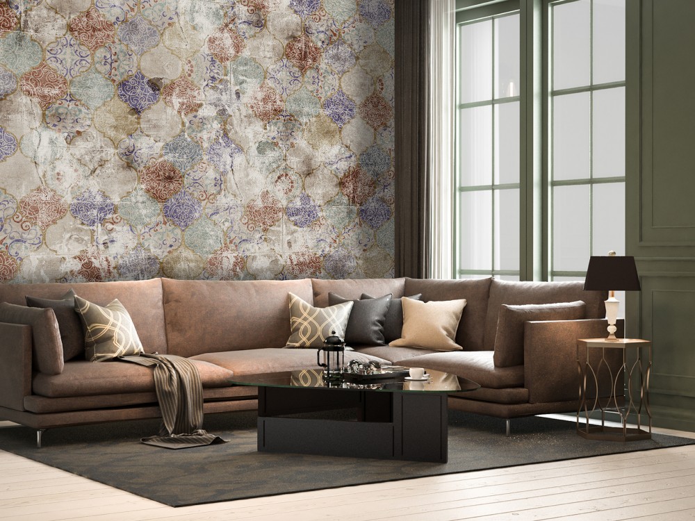 Vintage Eskitme Renkli Çini ve Mozaik Desenli Duvar Kağıdı