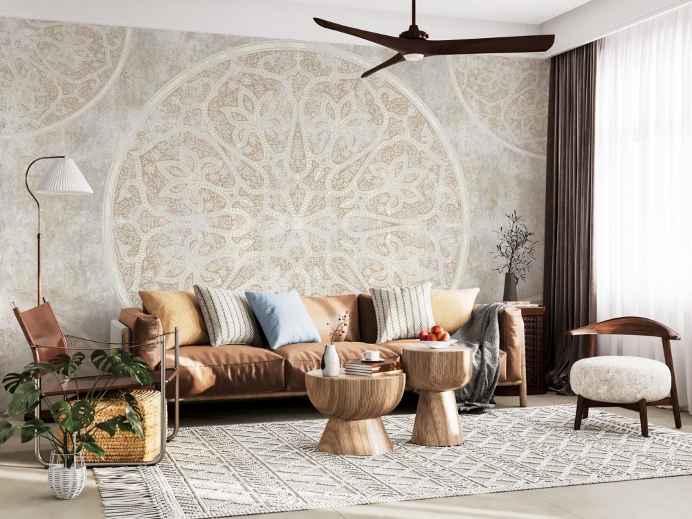 Mandala Motifli ve Eskitme Taş Dokulu Vizon Duvar Kağıdı 