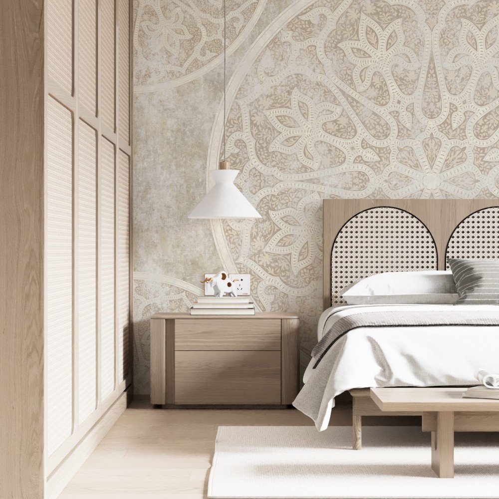 Mandala Motifli ve Eskitme Taş Dokulu Vizon Duvar Kağıdı 