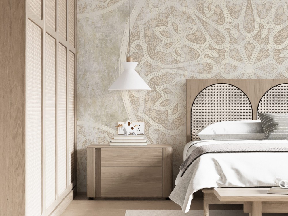 Mandala Motifli ve Eskitme Taş Dokulu Vizon Duvar Kağıdı 