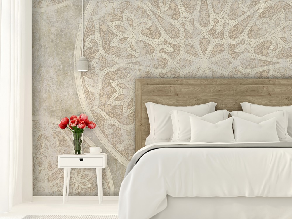 Mandala Motifli ve Eskitme Taş Dokulu Vizon Duvar Kağıdı 