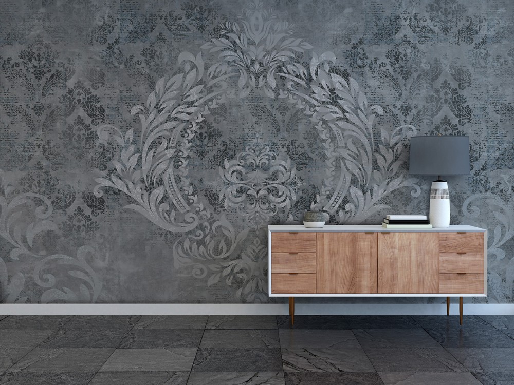 Klasik Modern Stil Brüt Beton Zeminli ve Barok Motifli Duvar Kağıdı