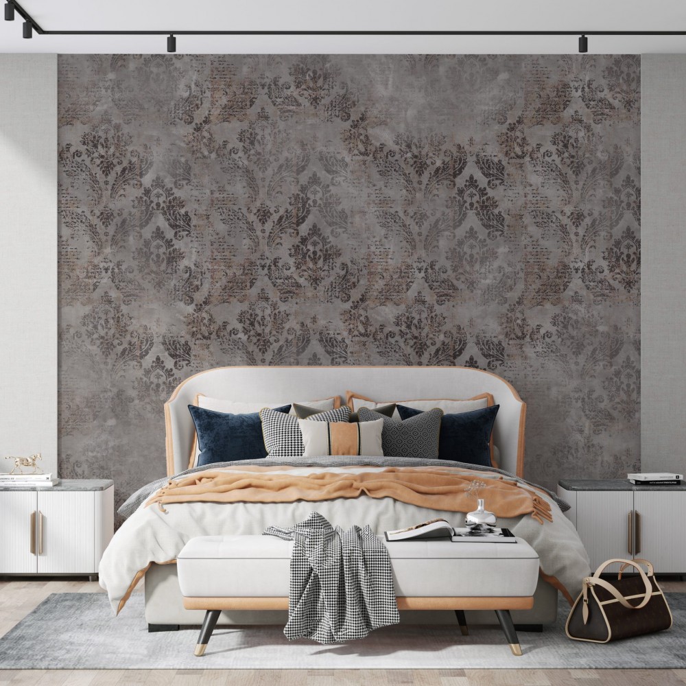 Antrasit Brüt Beton Zeminli ve Vintage Brokar Motifli Duvar Kağıdı