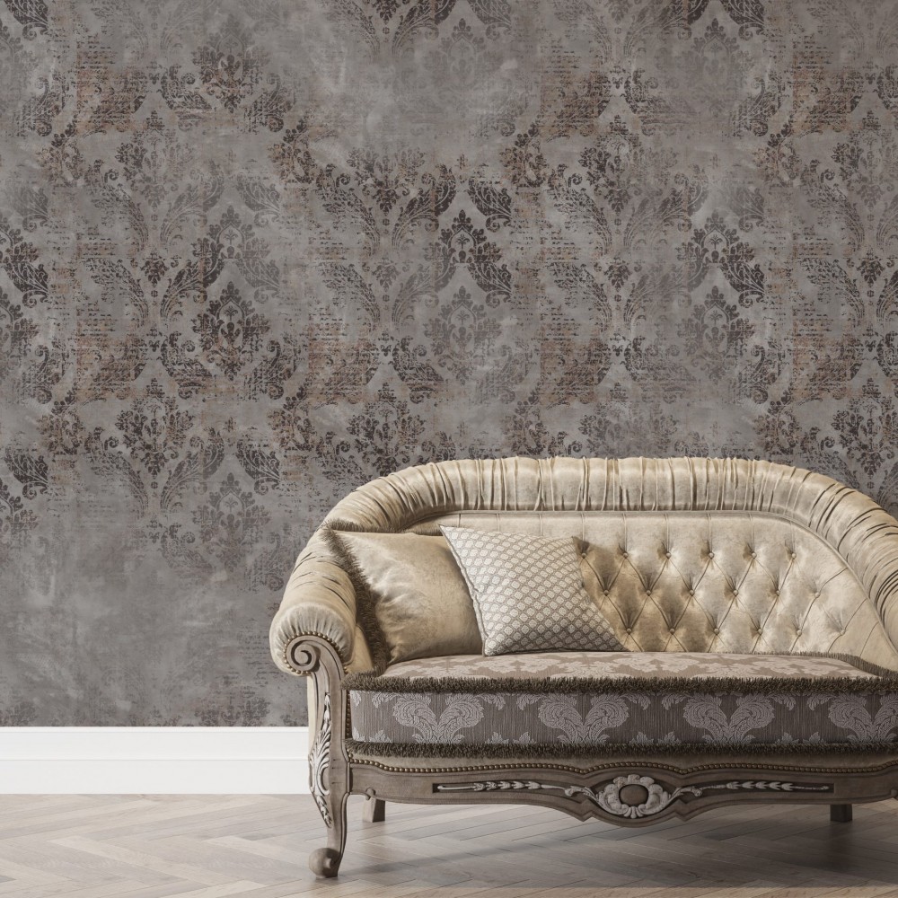 Antrasit Brüt Beton Zeminli ve Vintage Brokar Motifli Duvar Kağıdı