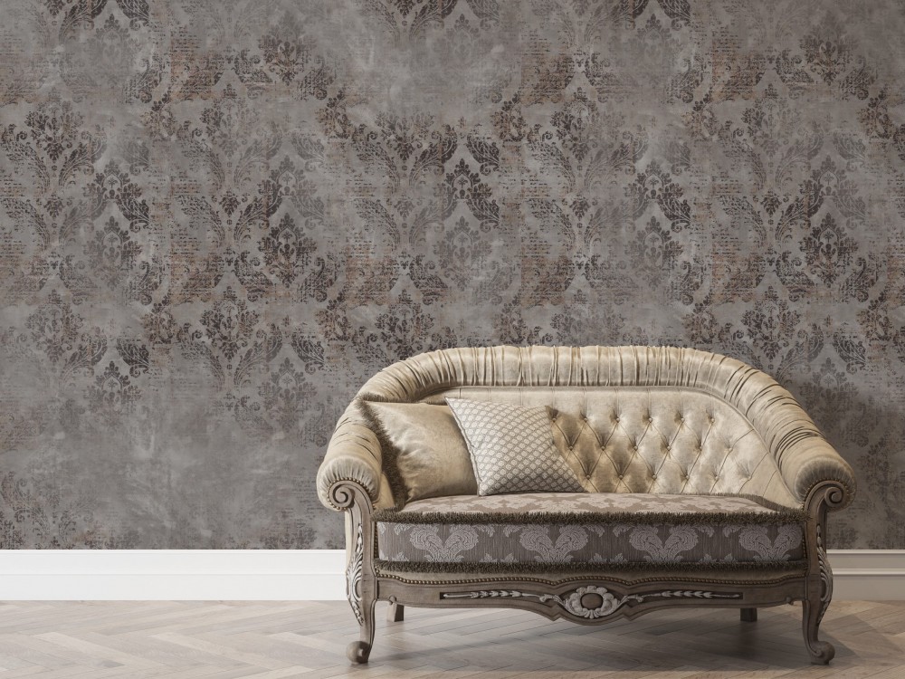Antrasit Brüt Beton Zeminli ve Vintage Brokar Motifli Duvar Kağıdı