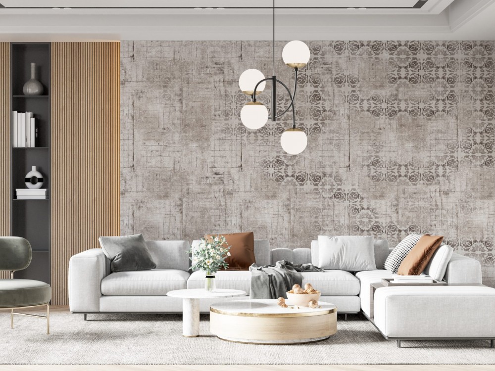 Vintage Luxury Stil: Ham Sıva Efektli ve Silik Klasik Motifli Duvar Kağıdı