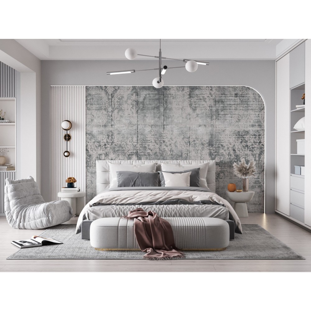 Eskitme Beton Dokulu ve Silik Damask Desenli Antrasit Duvar Kağıdı