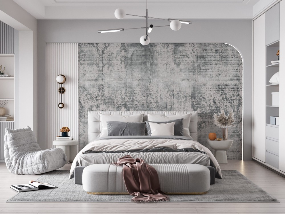 Eskitme Beton Dokulu ve Silik Damask Desenli Antrasit Duvar Kağıdı