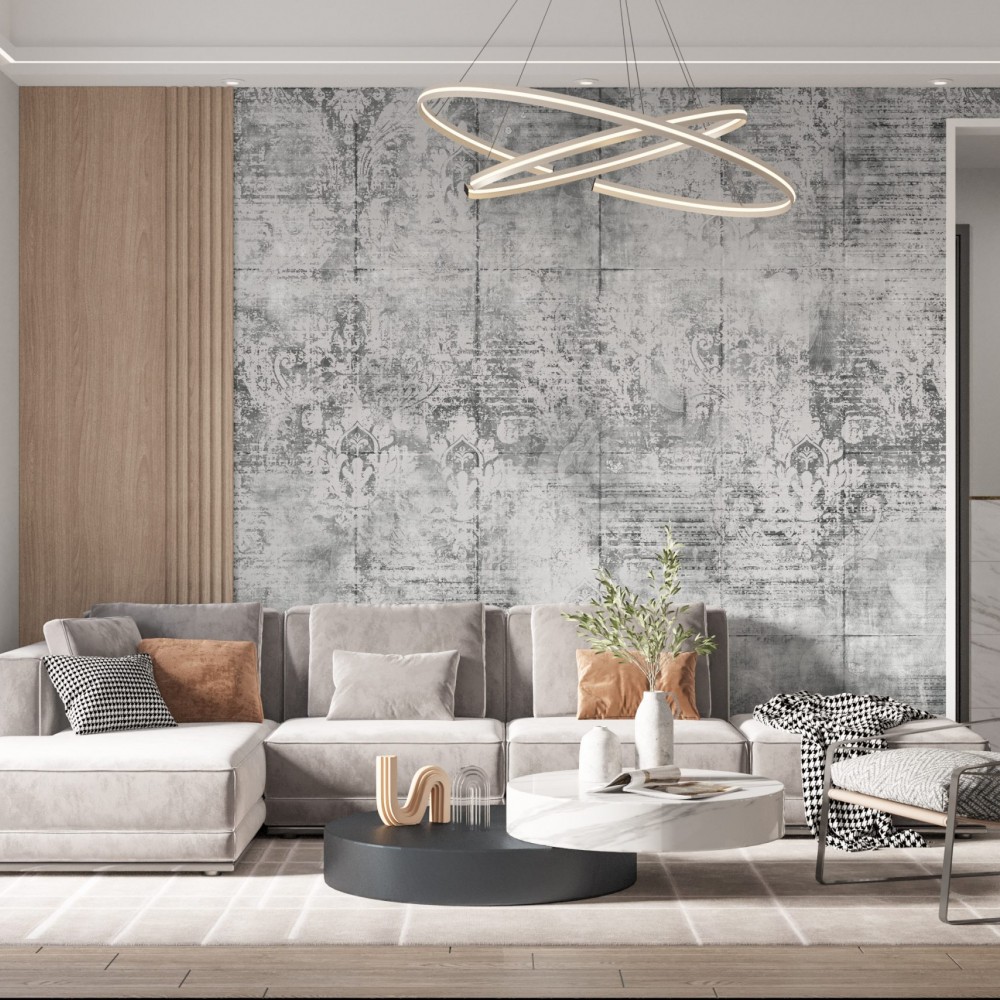 Eskitme Beton Dokulu ve Silik Damask Desenli Antrasit Duvar Kağıdı