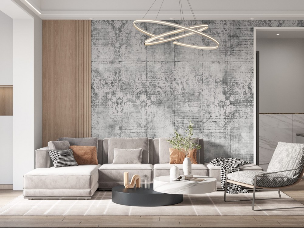 Eskitme Beton Dokulu ve Silik Damask Desenli Antrasit Duvar Kağıdı