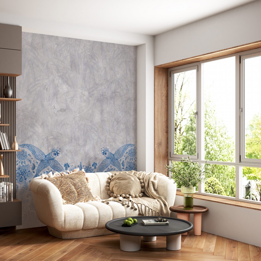 Beton Dokulu Zemin Üzerine Mavi Çini Motifli ve Anka Kuşu Desenli Duvar Kağıdı