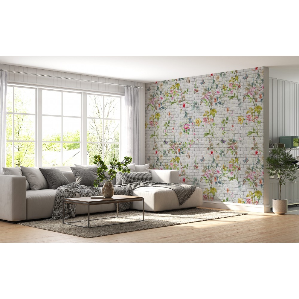 Tuğla Görünümlü Zemin Üzerine Sarmaşık Çiçek ve Kelebek Desenli Duvar Kağıdı