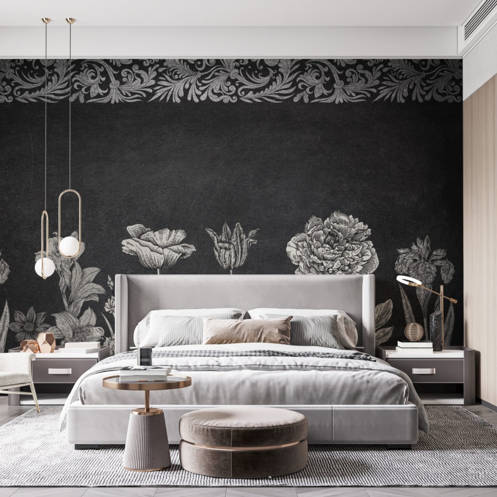 Dramatik Siyah Beyaz Botanik Tasarımlı ve Klasik Bordürlü Modern Duvar Kağıdı