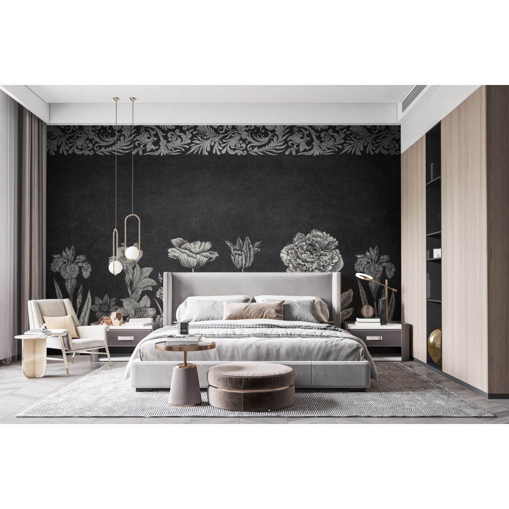 Dramatik Siyah Beyaz Botanik Tasarımlı ve Klasik Bordürlü Modern Duvar Kağıdı