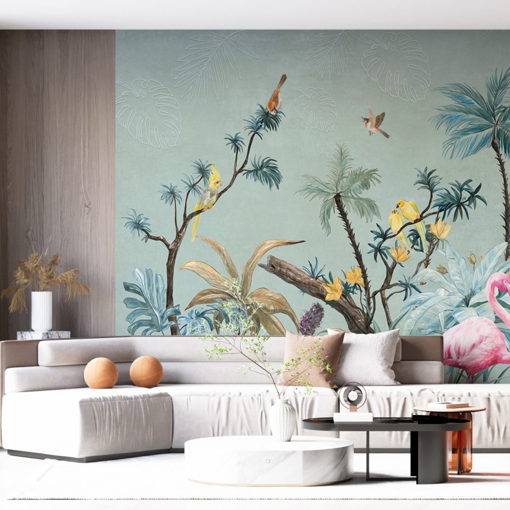 Mint Yeşili Zeminli Flamingo, Papağan ve Egzotik Bitki Desenli Duvar Kağıdı
