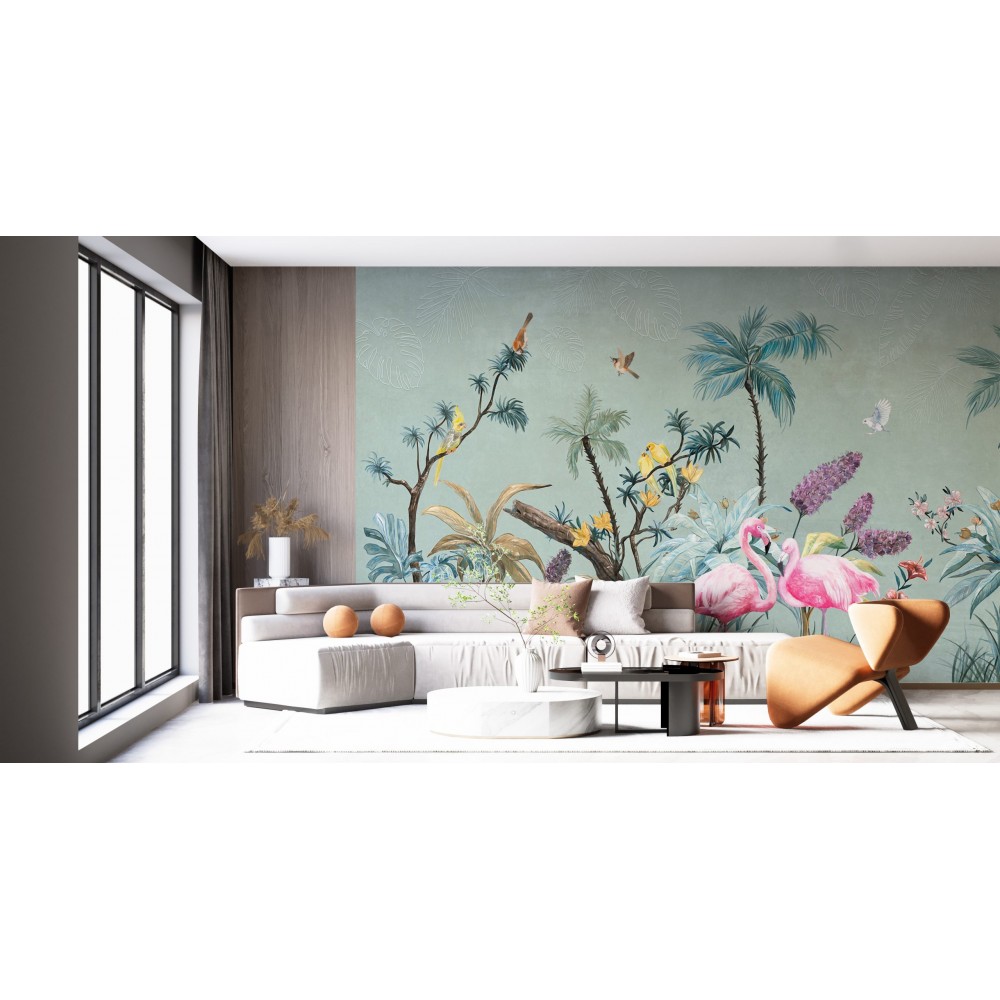 Mint Yeşili Zeminli Flamingo, Papağan ve Egzotik Bitki Desenli Duvar Kağıdı