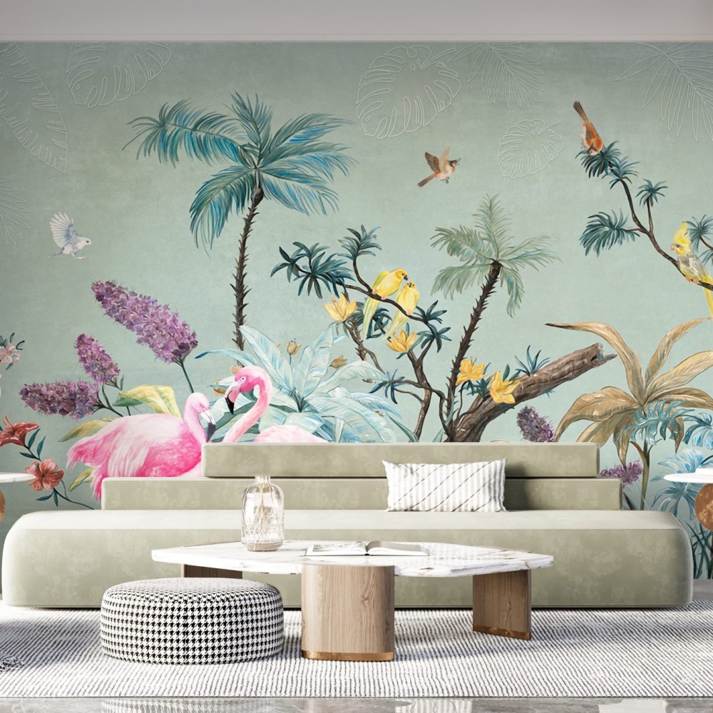 Mint Yeşili Zeminli Flamingo, Papağan ve Egzotik Bitki Desenli Duvar Kağıdı