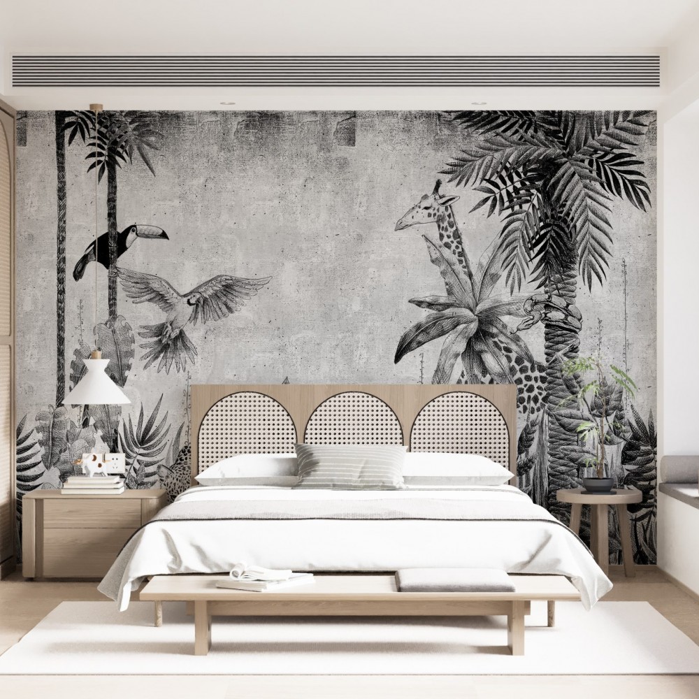 Siyah Beyaz Gravür Desenli Zürafa ve Egzotik Kuş Temalı Duvar Kağıdı