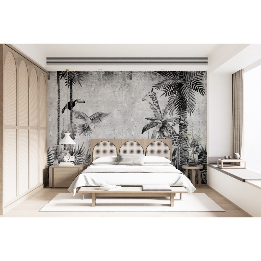 Siyah Beyaz Gravür Desenli Zürafa ve Egzotik Kuş Temalı Duvar Kağıdı